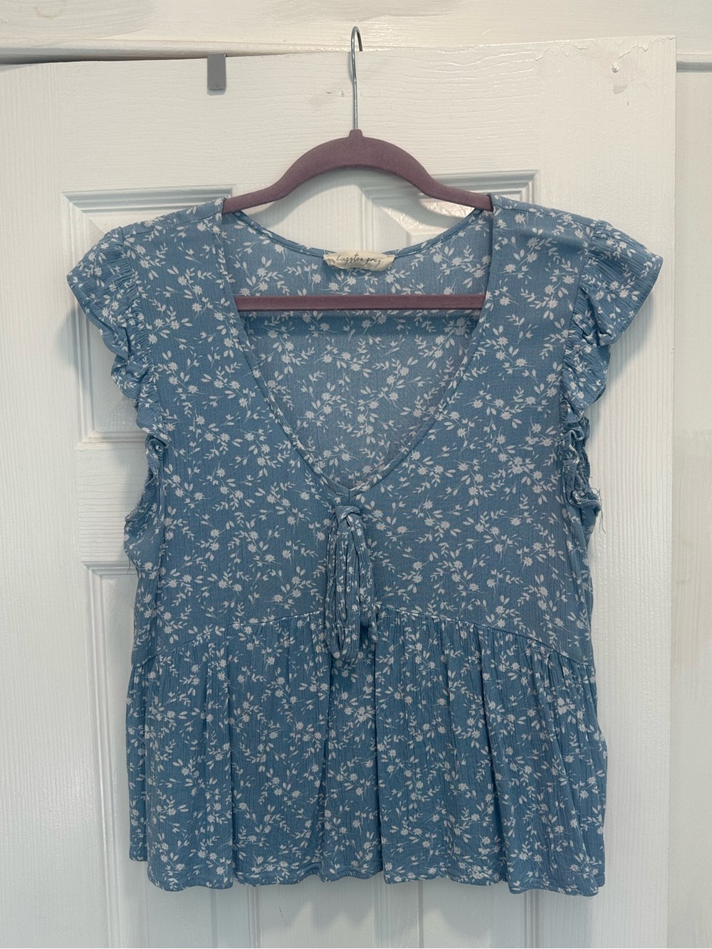 Marshalls Blue Floral Tie-Front Ruffle Sleeve Top